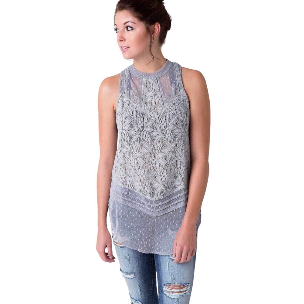 FREE PEOPLE ALL LACE STRETCH HIGH LOW TANK TOP GRAY Size XS